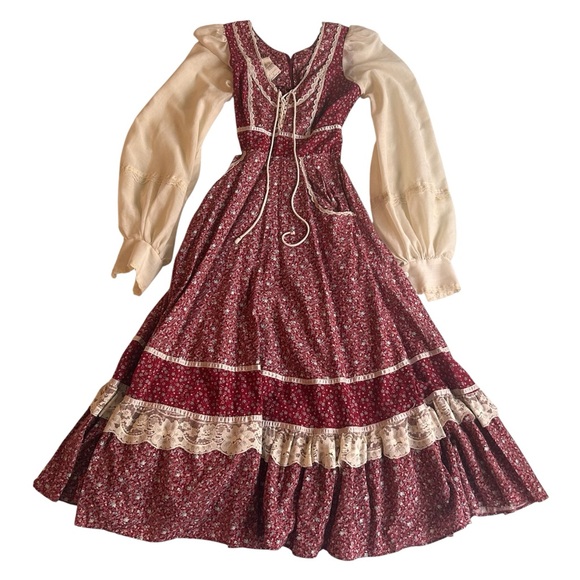 Xs Gunne-sax 70s Vintage Prarie Maxi Dress Floral Red Boustier Lace Size 3 - Picture 1 of 7